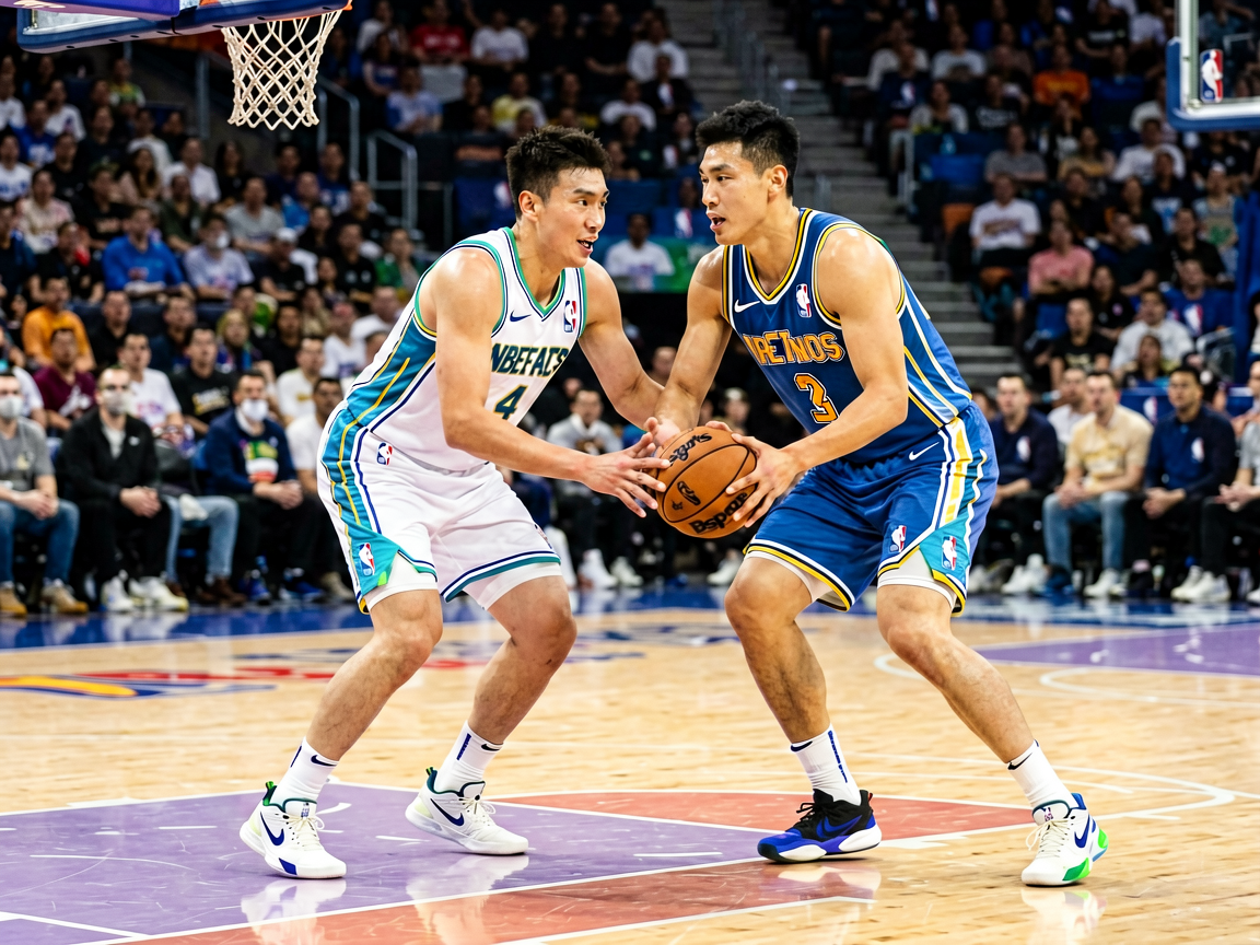 NBA篮球比赛现场，球员在球场拼搏